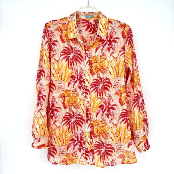 J. MCLAUGHLIN Women's XL 100% Linen Orange/Red Floral LS Button-Up Top Blouse - Picture 1 of 6